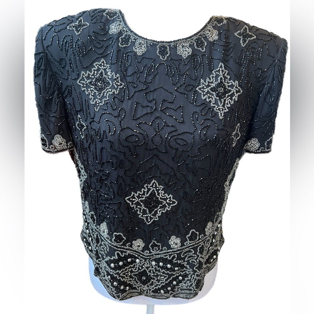 Stunning NWT Papell Boutique Short Sleeve Beaded Top Zip Up Back Size Large - Picture 2 of 6